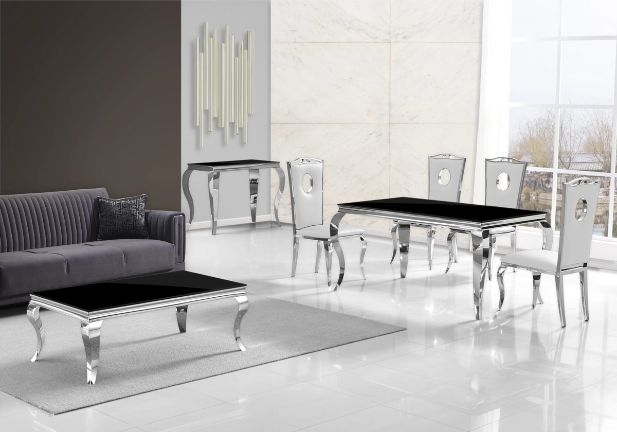 Ensemble table verre noir et 4 chaises argent | Halo