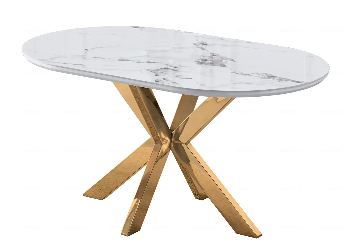 Table à manger ovale céramique marbre et pied doré | Zenix