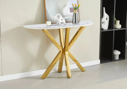 Console demi-lune dorée en céramique marbre blanc | Zenix