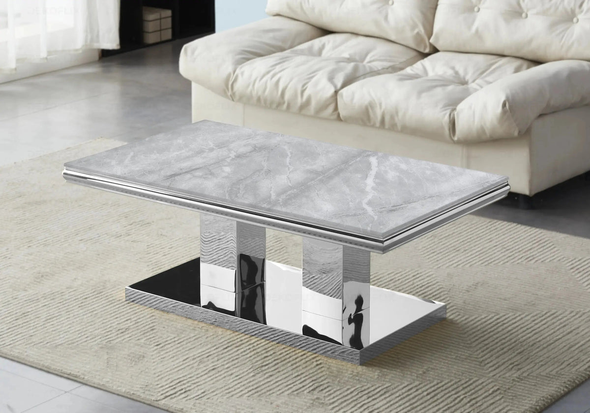 Table à manger design marbre gris et métal argenté | Dyax