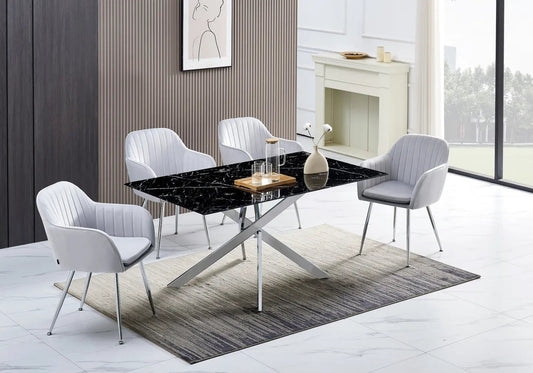 Table à manger effet marbre noir et acier argenté | Koda