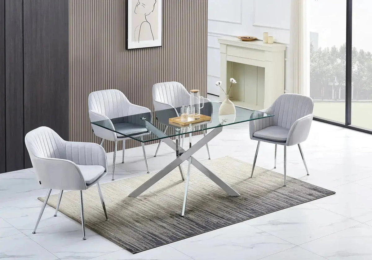 Table à manger argentée verre trempé et acier | Koda