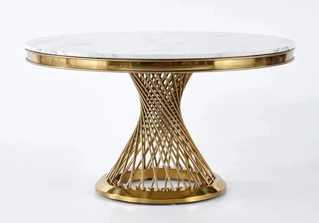 Table à manger ronde dorée finition marbre blanc | Cael