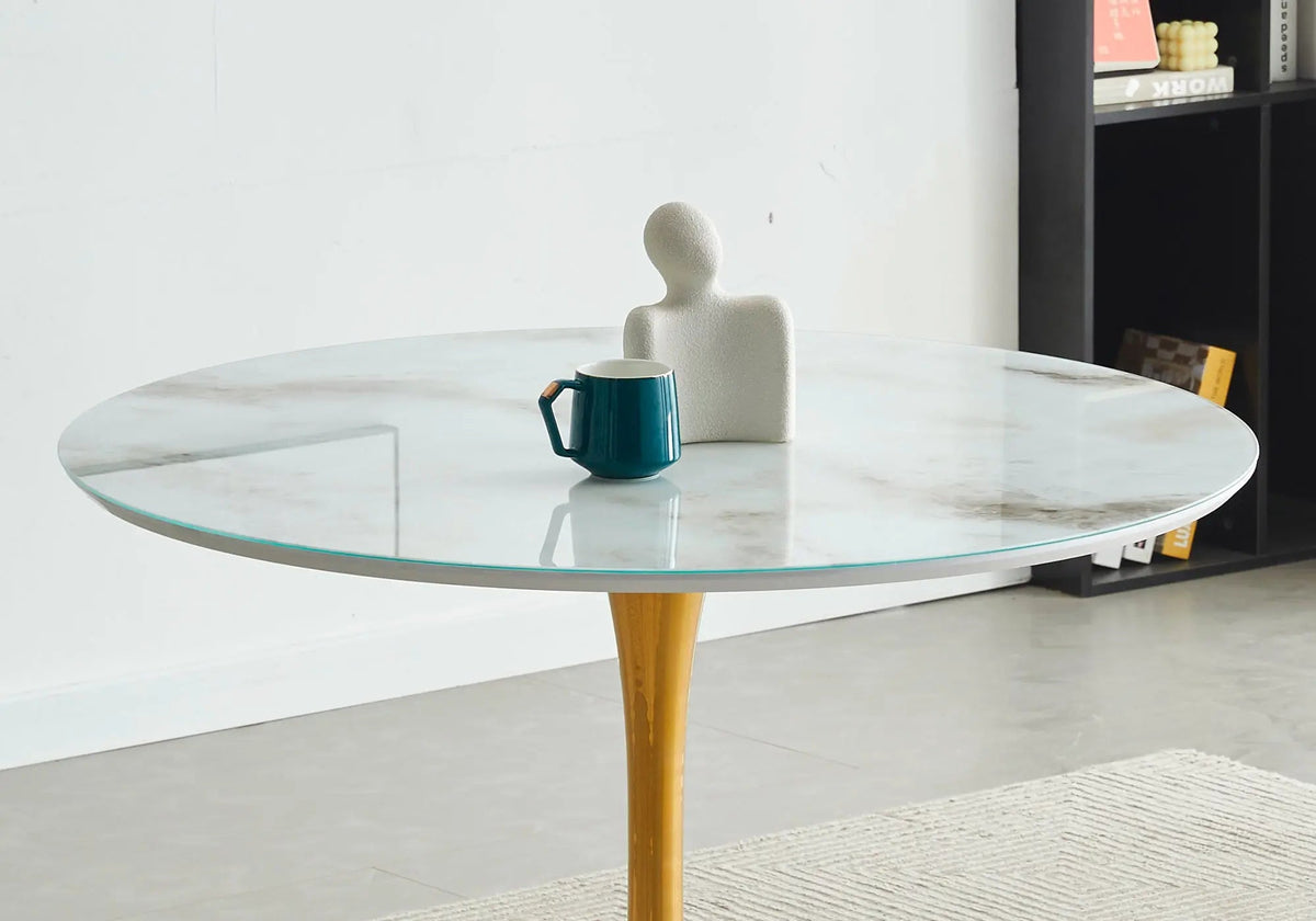 Table à manger ronde dorée et marbre blanc 1m | Zyra