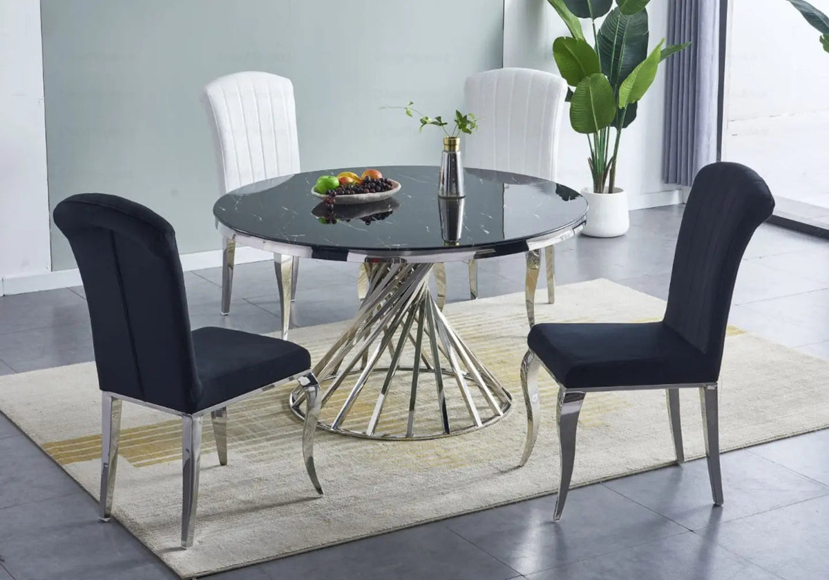 Table à manger ronde effet marbre noir et argent | Kroma