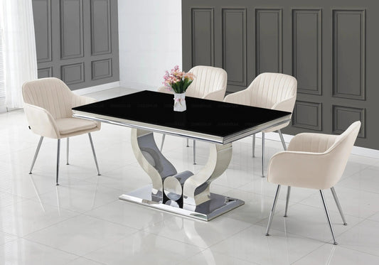 Table à manger verre noir et acier argenté | Juno