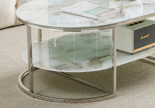Table basse ovale marbre beige et métal argenté | Zyro