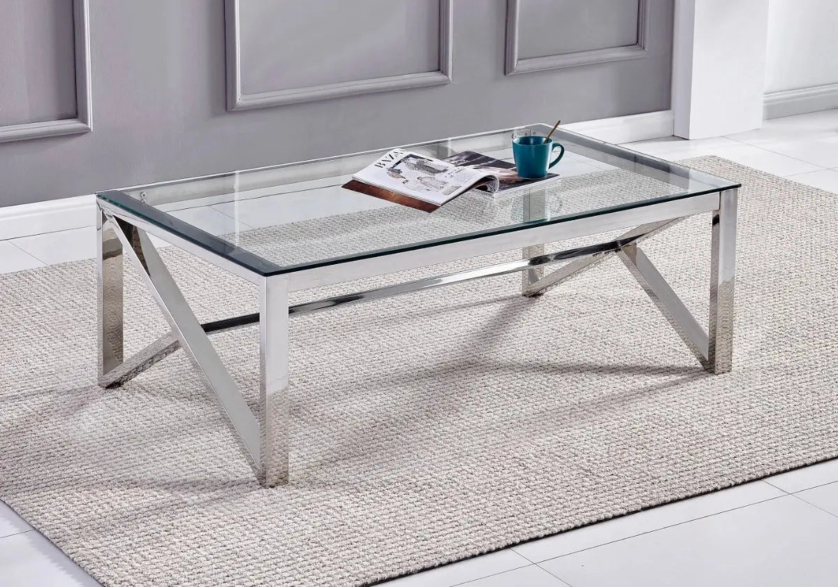 Table basse moderne marbre beige et chrome | Kaelo