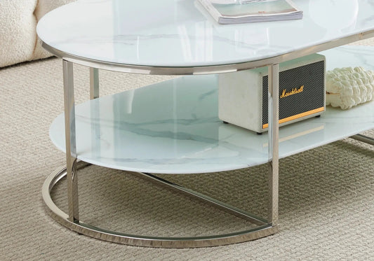 Table basse ovale moderne marbre blanc et argent | Zyro