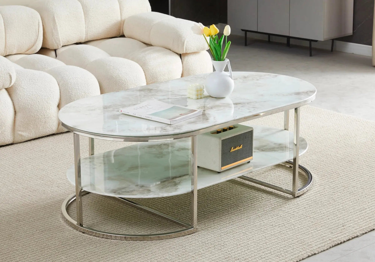 Table basse ovale moderne marbre blanc et argent | Zyro