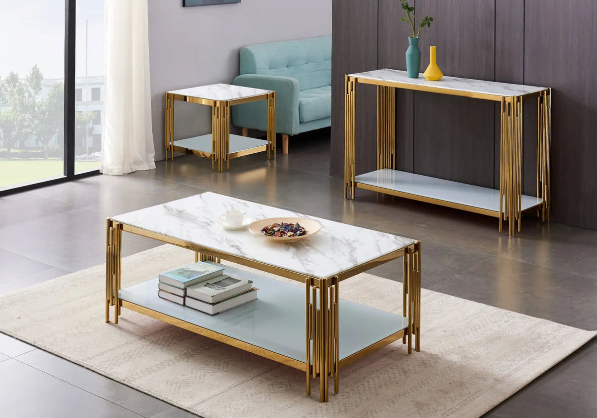 Table basse dorée et verre effet marbre blanc | Zalys