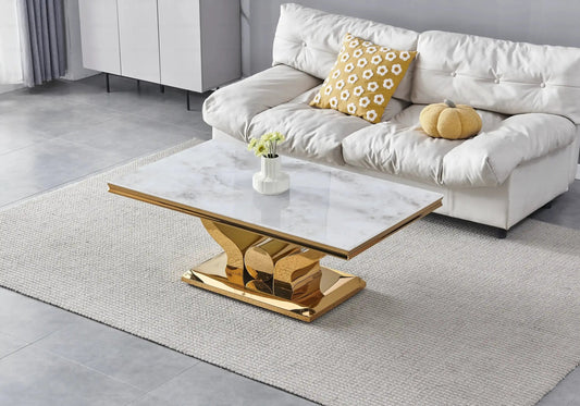 Table basse de salon marbre beige et acier doré | Juno