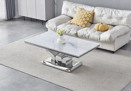 Table basse moderne marbre blanc et acier chromé | Juno