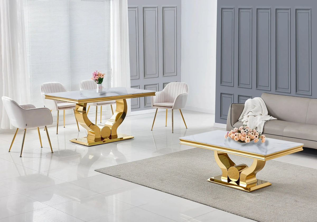 Table basse moderne marbre blanc et acier doré | Juno