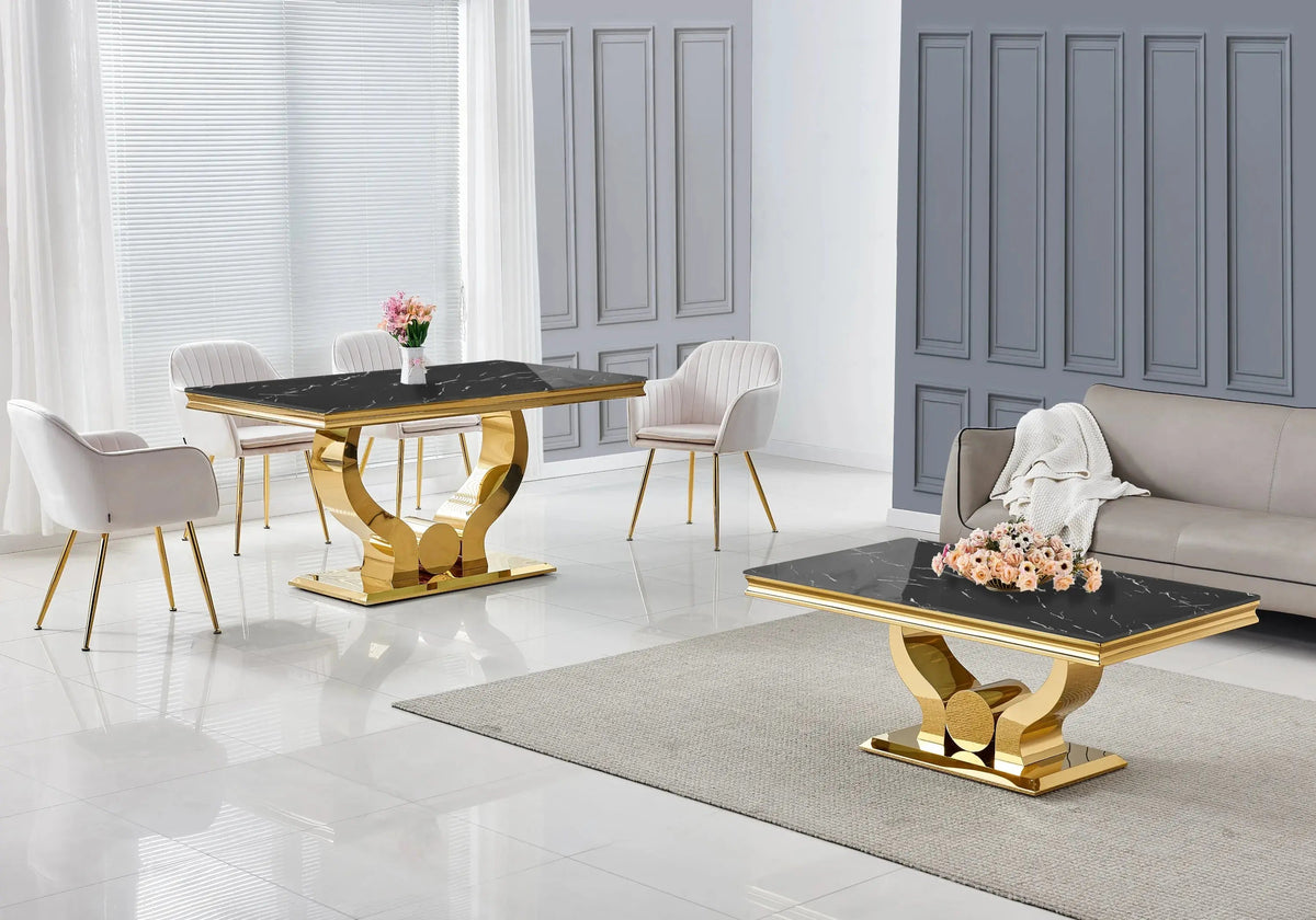 Table basse marbre noir et métal doré de salon | Juno