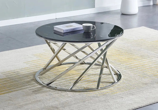 Table basse ronde marbre beige et pieds argentés | Kivox