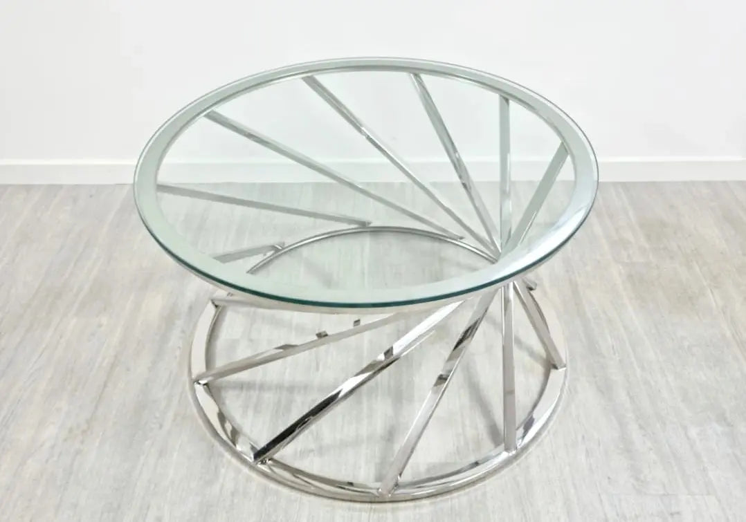 Table basse ronde marbre beige et pieds argentés | Kivox