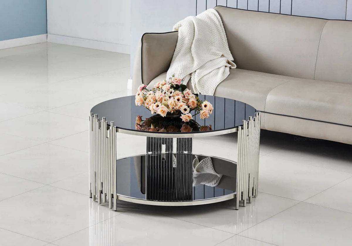 Table basse ronde verre et métal chromé noir | Zalys