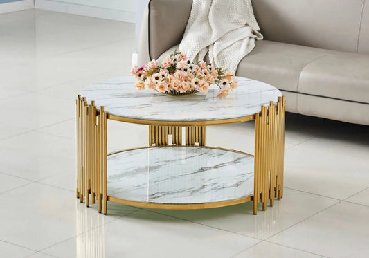Table basse ronde dorée et marbre blanc de salon | Zalys