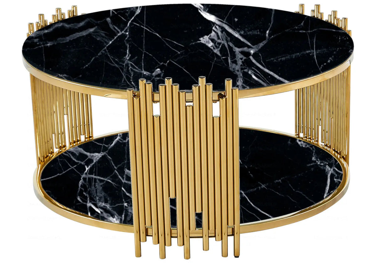 Table basse ronde effet marbre noir et doré | Zalys