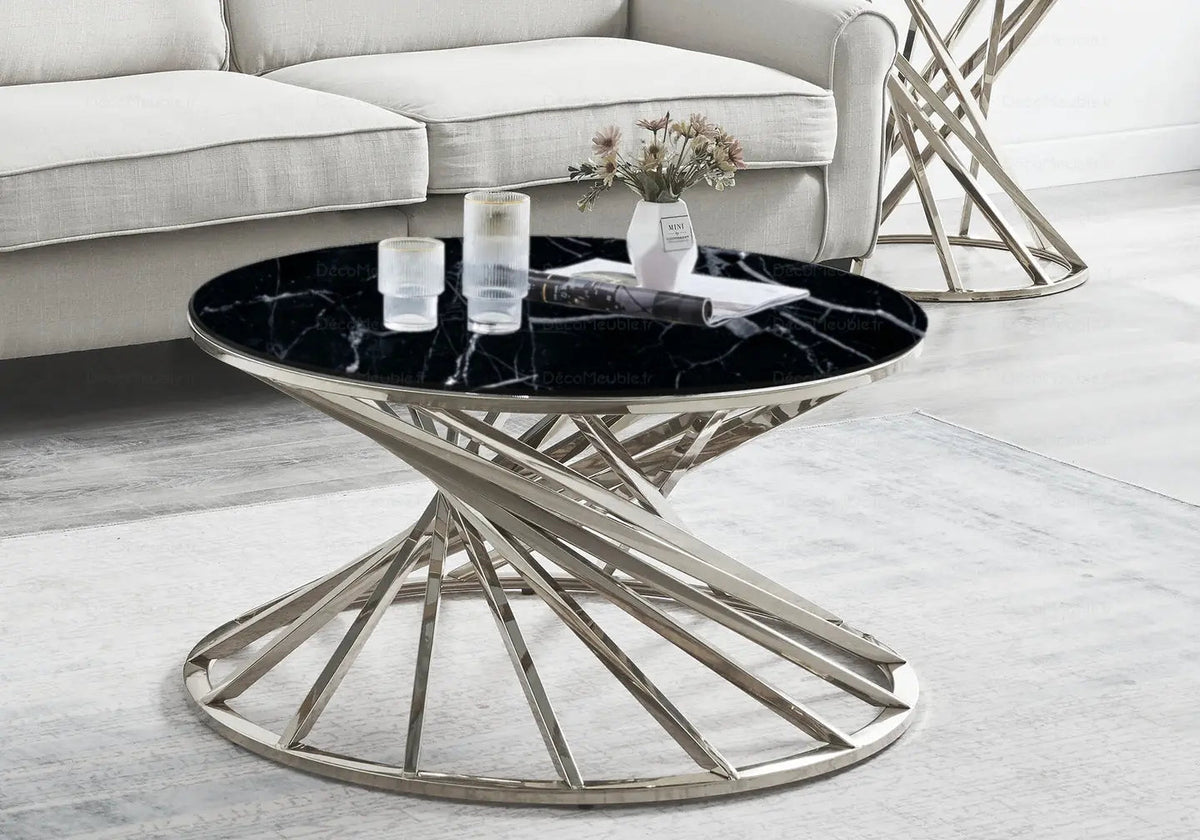 Table basse ronde effet marbre noir et argent | Kroma