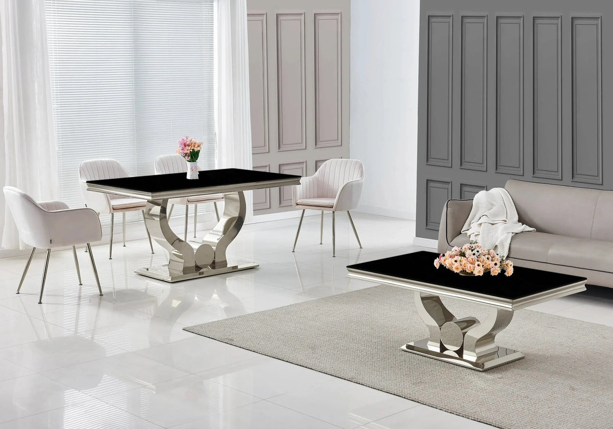 Table basse design verre noir et acier chromé | Juno