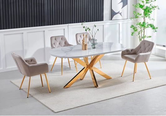 Table à manger ovale céramique marbre et pied doré | Zenix