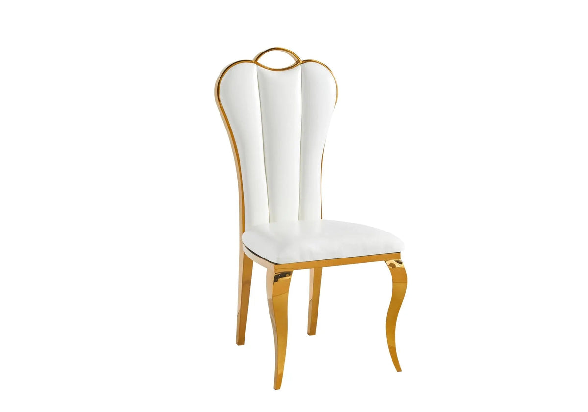 Table extensible marbre beige et chaises dorées | Kivo