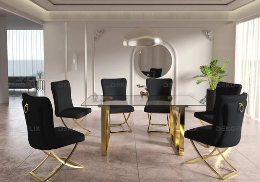 Table et chaises salle à manger noires et dorées | Zelta