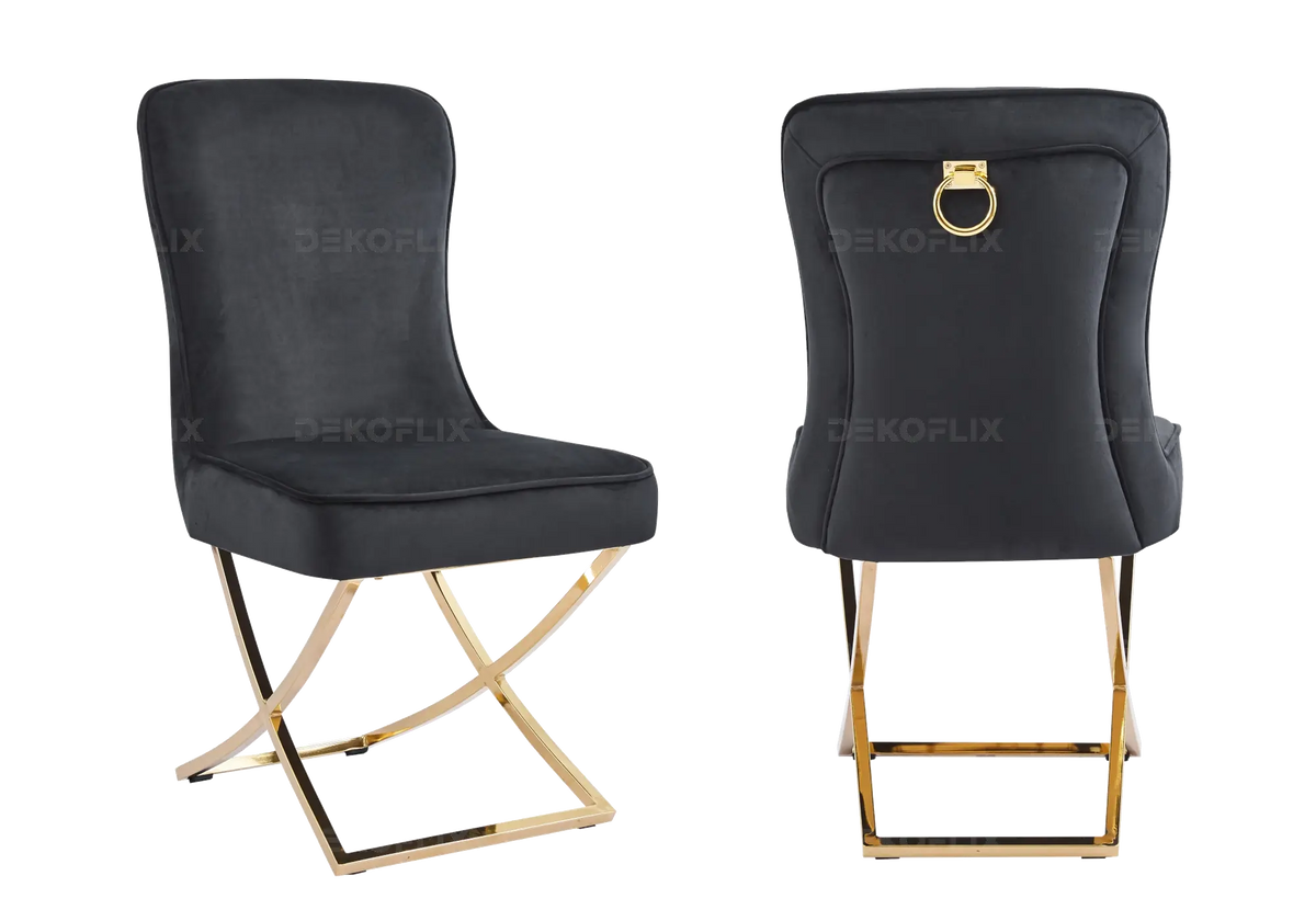 Table et chaises salle à manger noires et dorées | Zelta