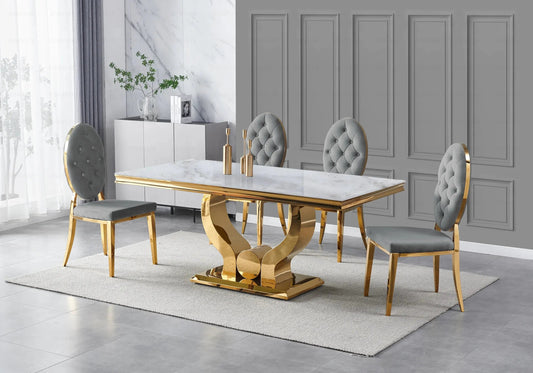 Table marbre beige et 4 chaises capitonnées dorées | Juno