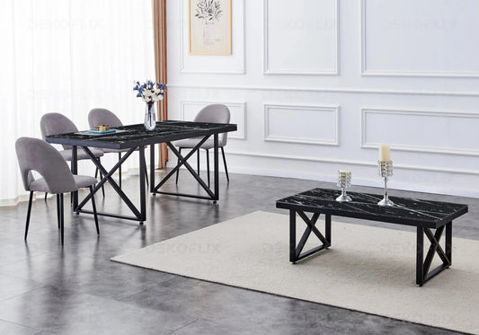 Ensemble table marbre noir et chaises anthracite | Zyra