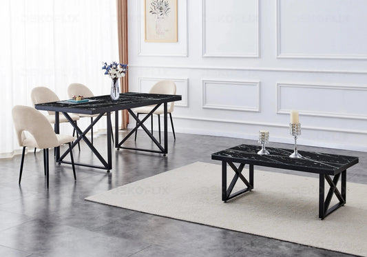Ensemble table marbre noir et chaises beiges | Zyra