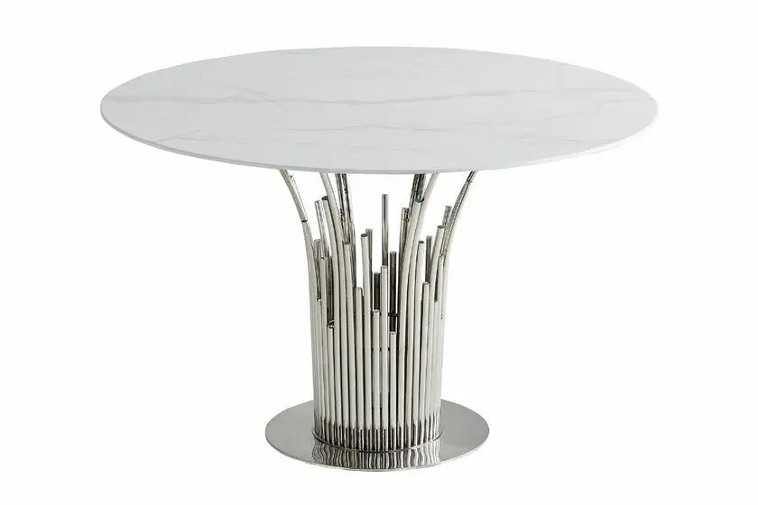 Table à manger ronde effet marbre blanc et chrome | Zelix