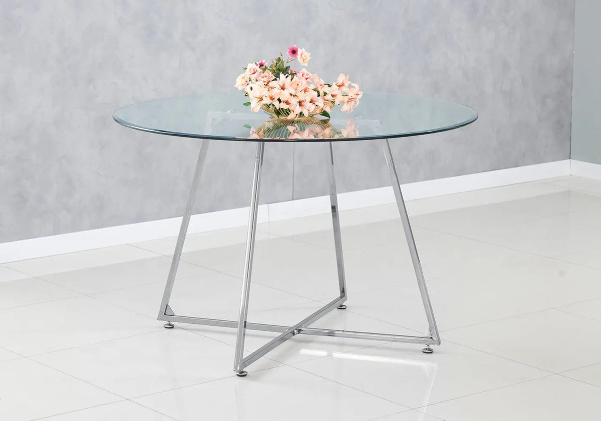 Table ronde verre trempé et pieds argent 120 cm | Nico