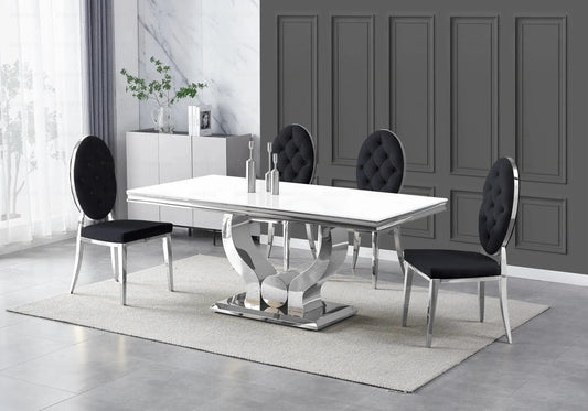 Table verre blanc et 4 chaises capitonnées argent | Juno