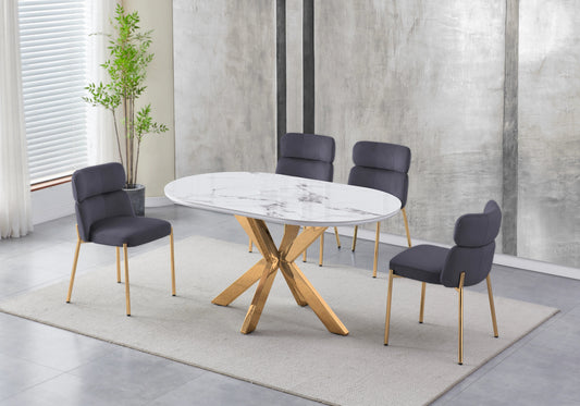 Table ovale marbre blanc et 4 chaises dorées | Zelix