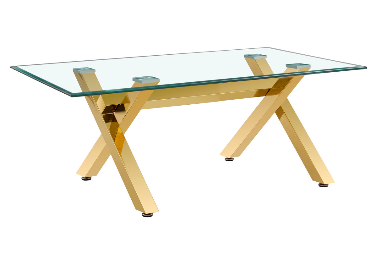 Ensemble salle à manger verre trempé pieds x dorés | Zyro