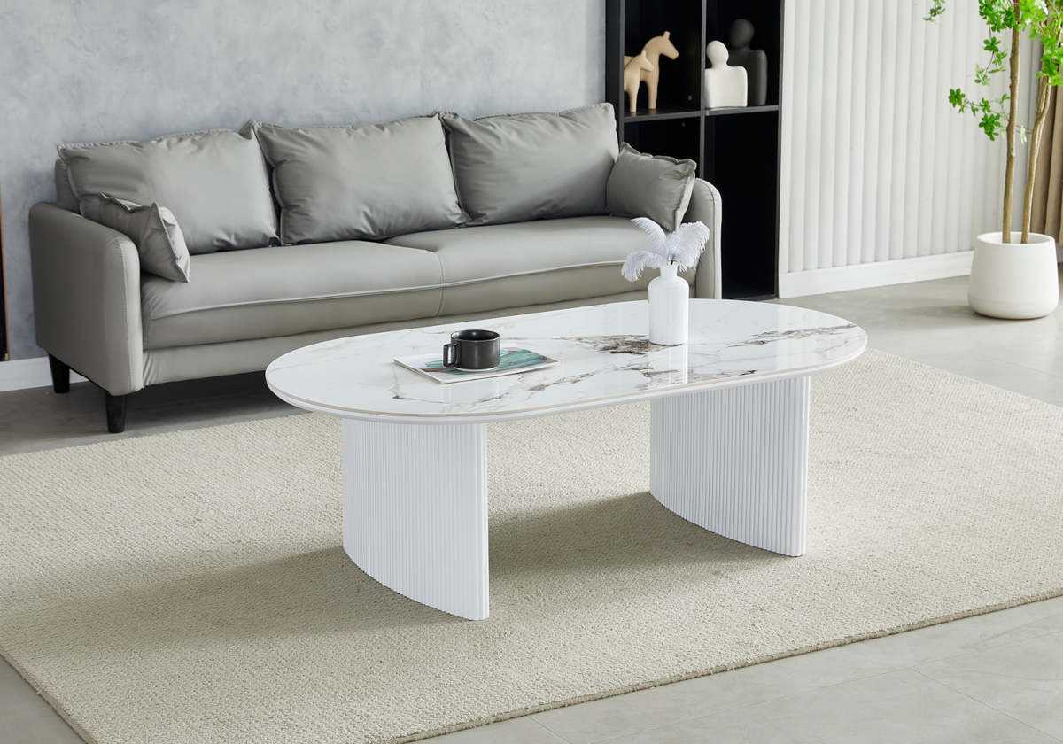 Table basse ovale effet marbre beige cannelée | Zivo