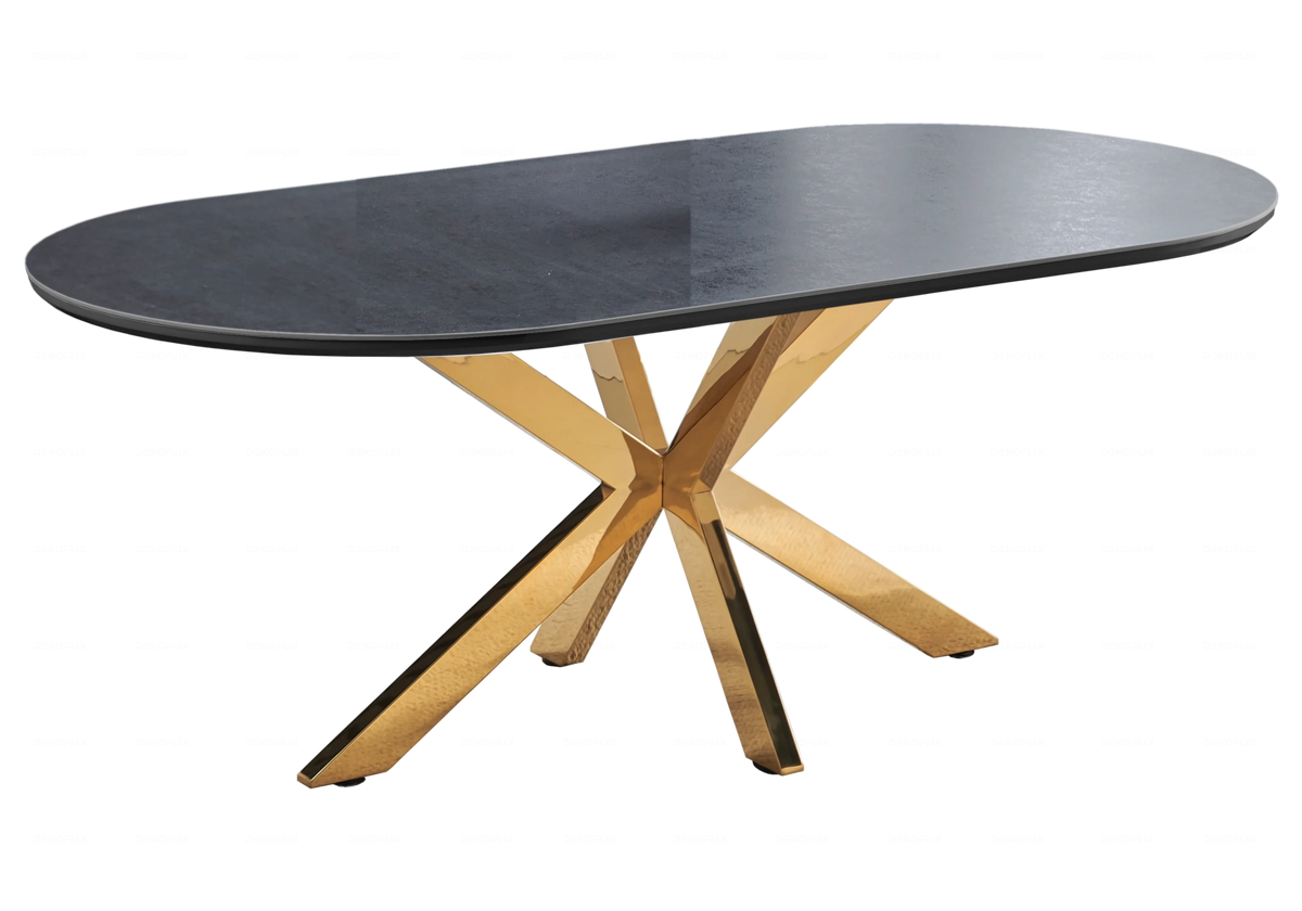 Table à manger ovale en céramique noire et dorée | Zenix