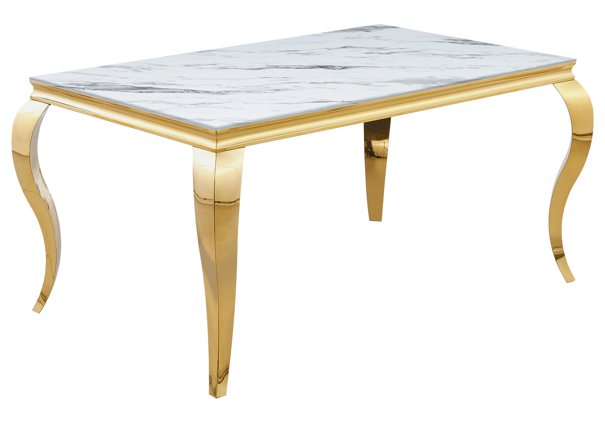 Ensemble table marbre blanc et 4 chaises dorées | Halo