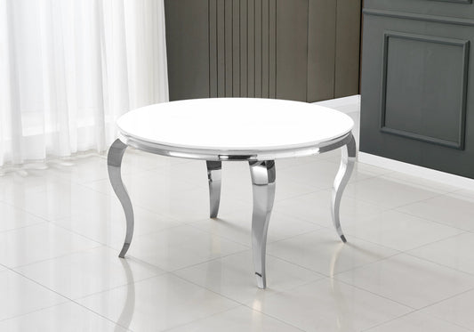 Table à manger ronde verre blanc et pieds argentés | Halo