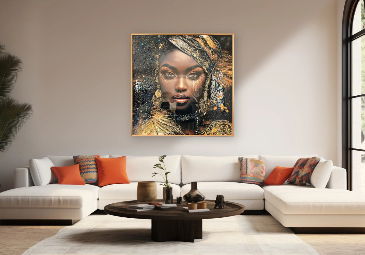 Tableau portrait femme africaine cristaux dorés | Vexis