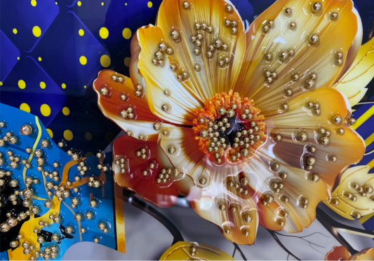 Tableau mural fleurs bleues et perles dorées | Kynix
