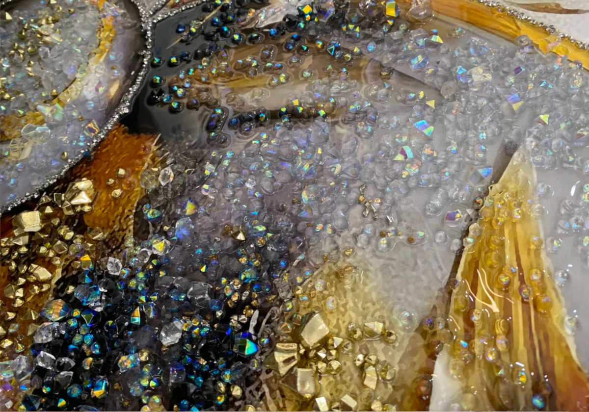 Grand tableau cristaux fleur dorée en relief | Azura