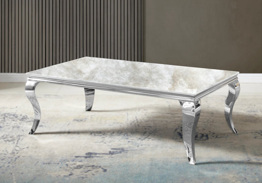 Table basse rectangulaire marbre beige et argent | Halo