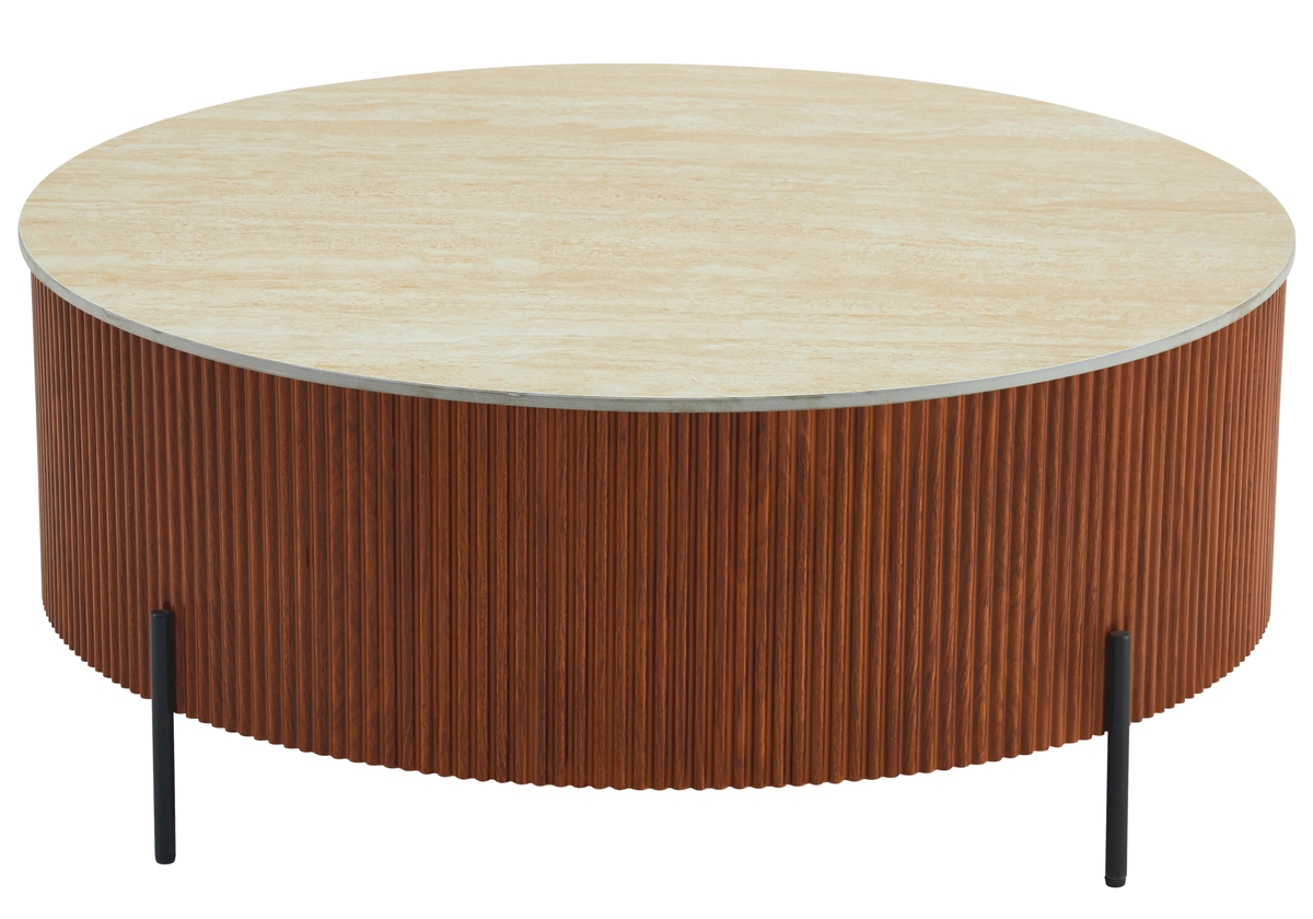 Table basse ronde travertin et pieds bois | Vexto