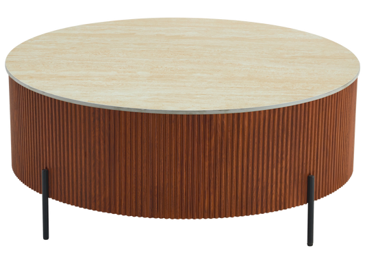 Table basse ronde travertin et pieds bois | Vexto
