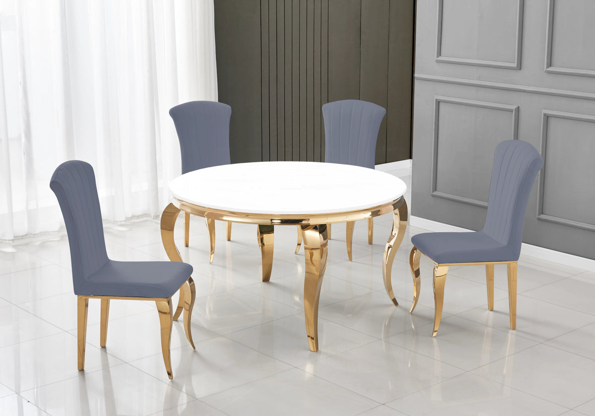 Table ronde verre blanc et 4 chaises velours or | Halo