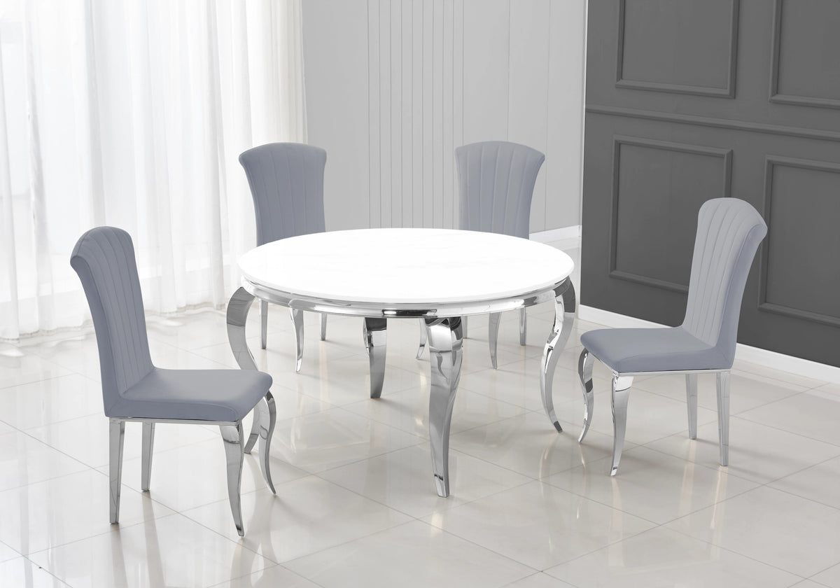 Ensemble table ronde verre blanc et 4 chaises argent | Halo